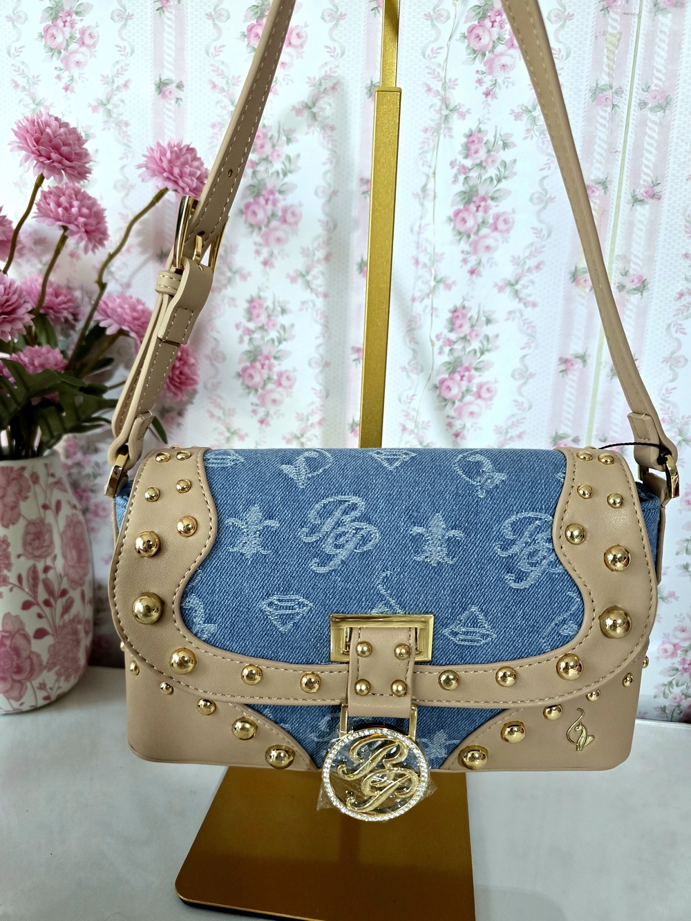 Designer-Inspired Blue Denim & Beige Studded Shoulder Bag